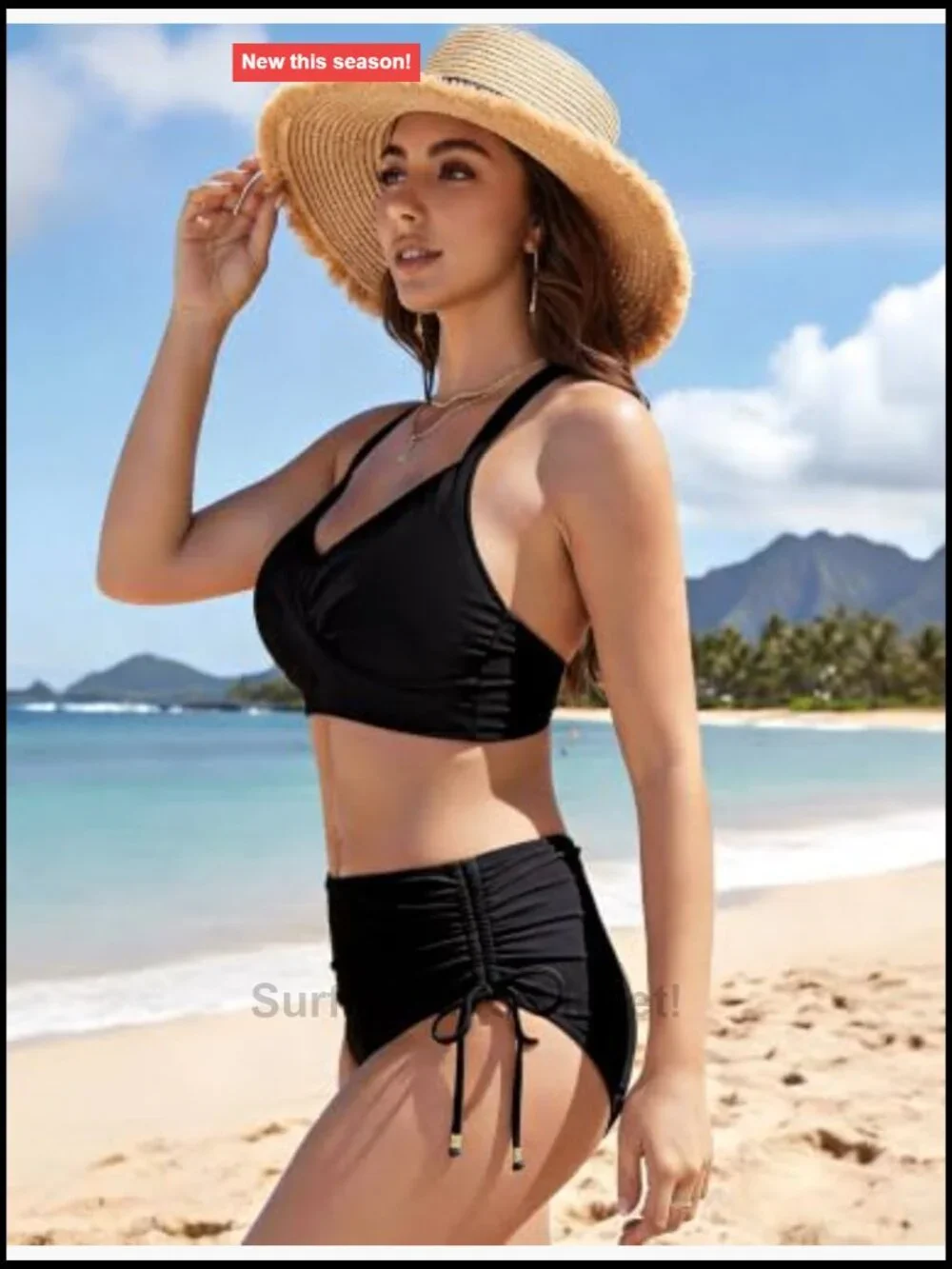 High Waisted Bikini Set Tummy Control Cross Halter V Neck Tie Back Side
